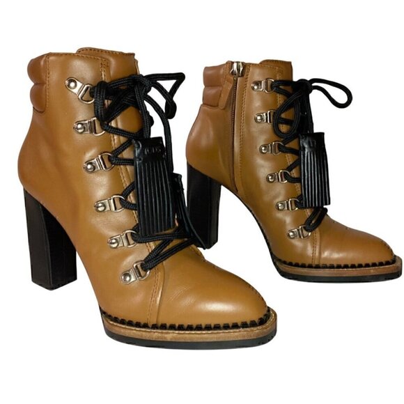 Tods Lace Up Tasseled Leather Ankle Boots 36.5 Brown Black Leather Laces 4" heel - Picture 1 of 16